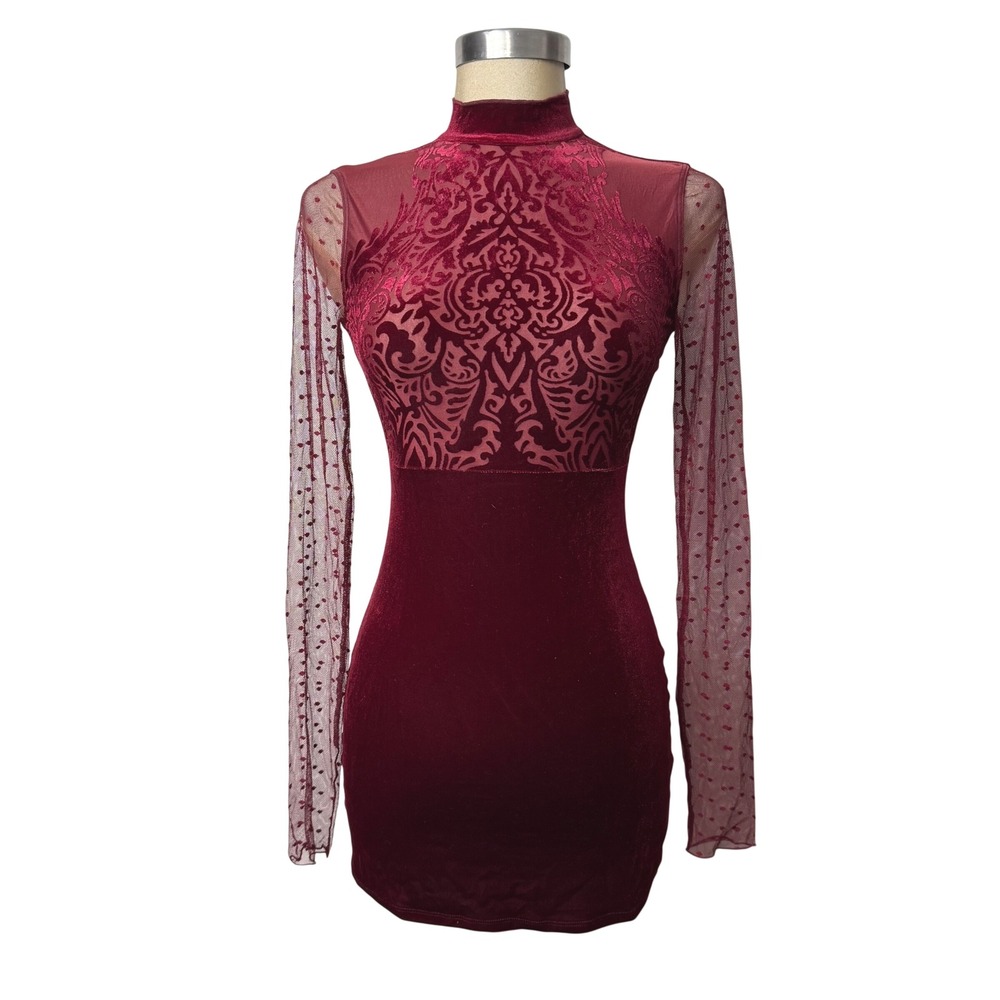 Free People Intimately Burgundy Velvet Mesh Mini Dress XS Red Gothic Party